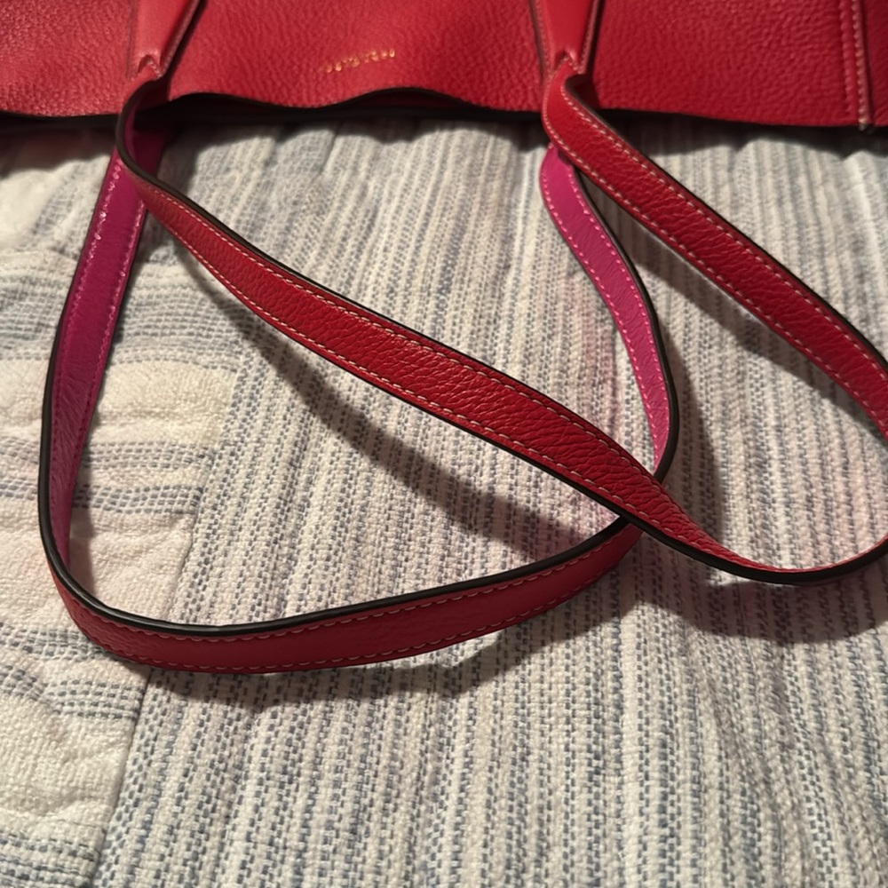 Tory Burch Large Brilliant Red/Crazy Pink Leather Pebbled Tote - Picture 11 of 12